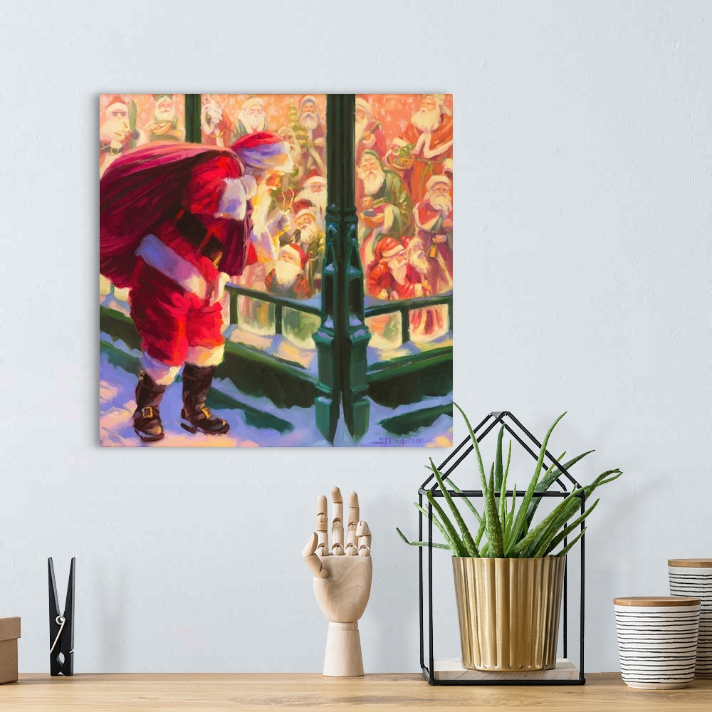 A bohemian room featuring Traditional representational holiday Christmas painting of Santa Claus on the sidewalk, looking t...