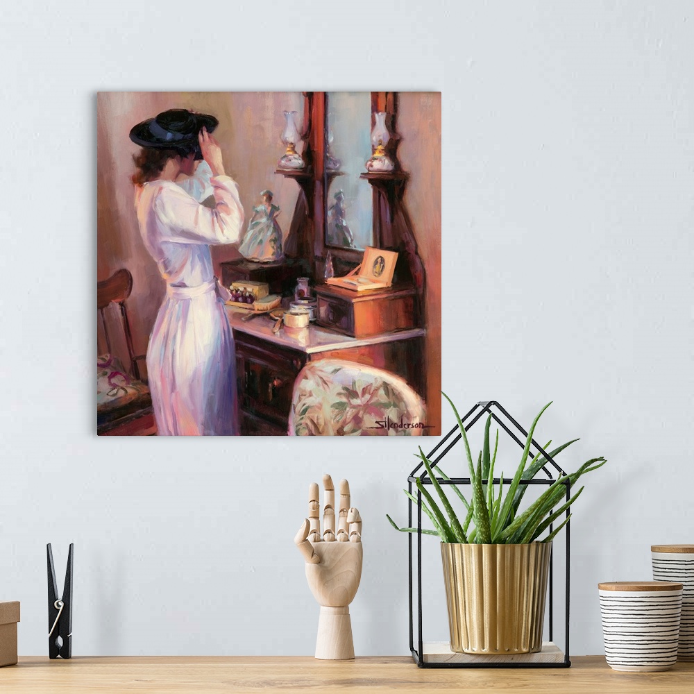 A bohemian room featuring Traditional representational nostalgic painting of a woman in her bedroom boudoir trying on a hat...