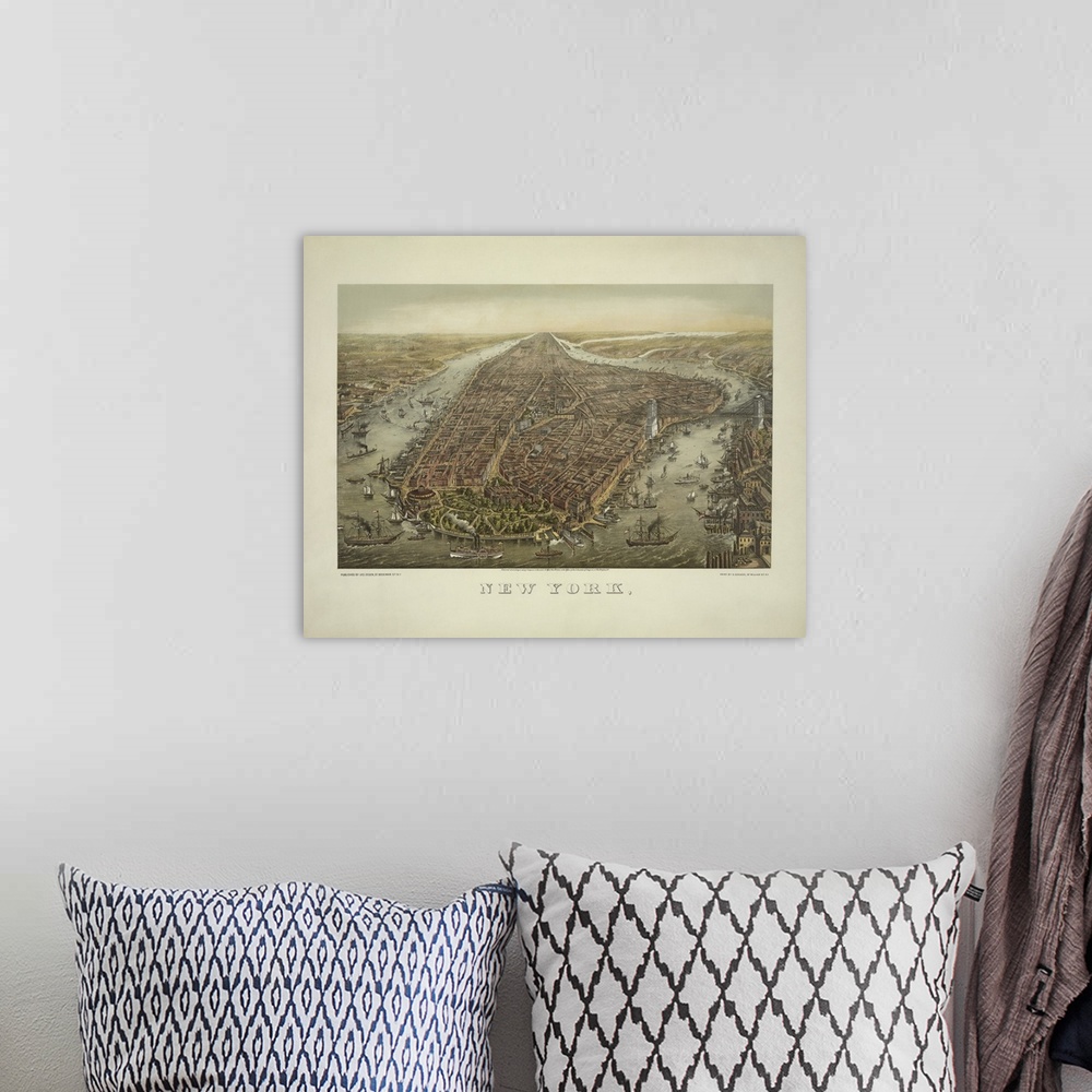 A bohemian room featuring American history print showing an illustrated bird's eye view of Manhattan, New York City.