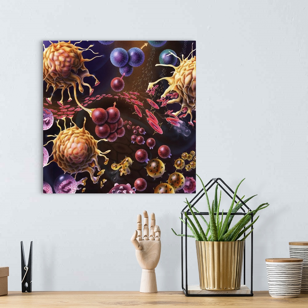 A bohemian room featuring Artistic representation of the immune system's reaction to bacteria invading the tissues.
