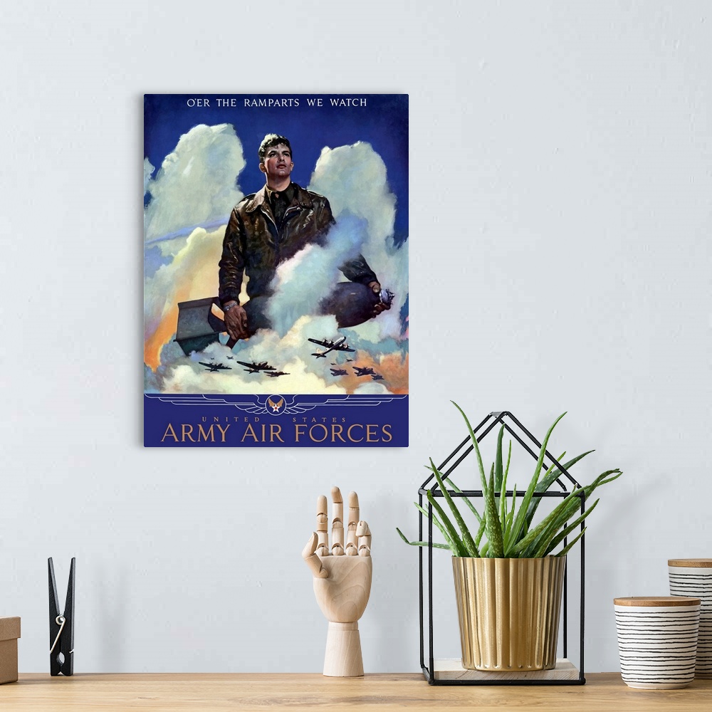A bohemian room featuring A vintage World War Two poster on canvas featuring an American Air Force Pilot staring into the c...