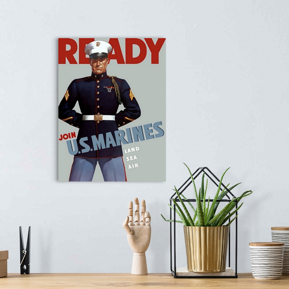 A bohemian room featuring Digitally restored vector war propaganda poster. This Marine Corps recruiting poster from World W...