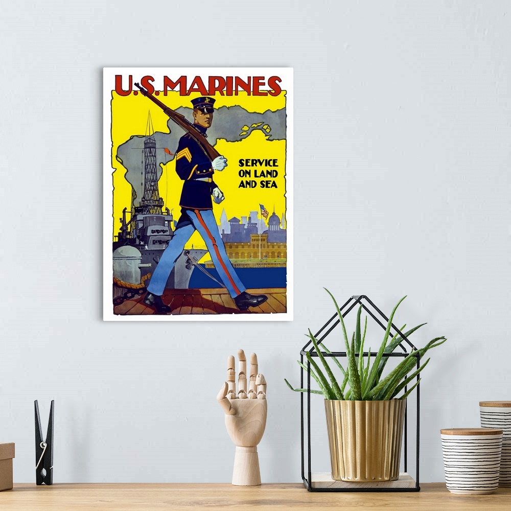 A bohemian room featuring Large, vertical, vintage World War II poster featuring a US Marine marching along a dock with his...