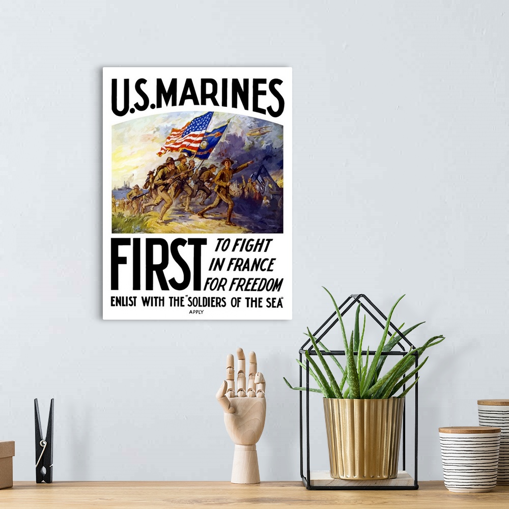 A bohemian room featuring This historical propaganda poster shows marines rushing over a hill in to a battle field carrying...