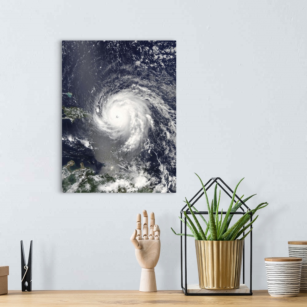A bohemian room featuring Satellite view of Hurricane Irma over the Leeward Islands and Puerto Rico.