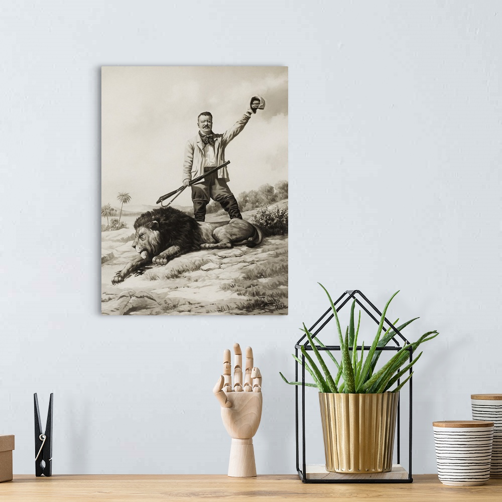 A bohemian room featuring Teddy Roosevelt waving his hat in triumph upon killing a lion during a hunt.