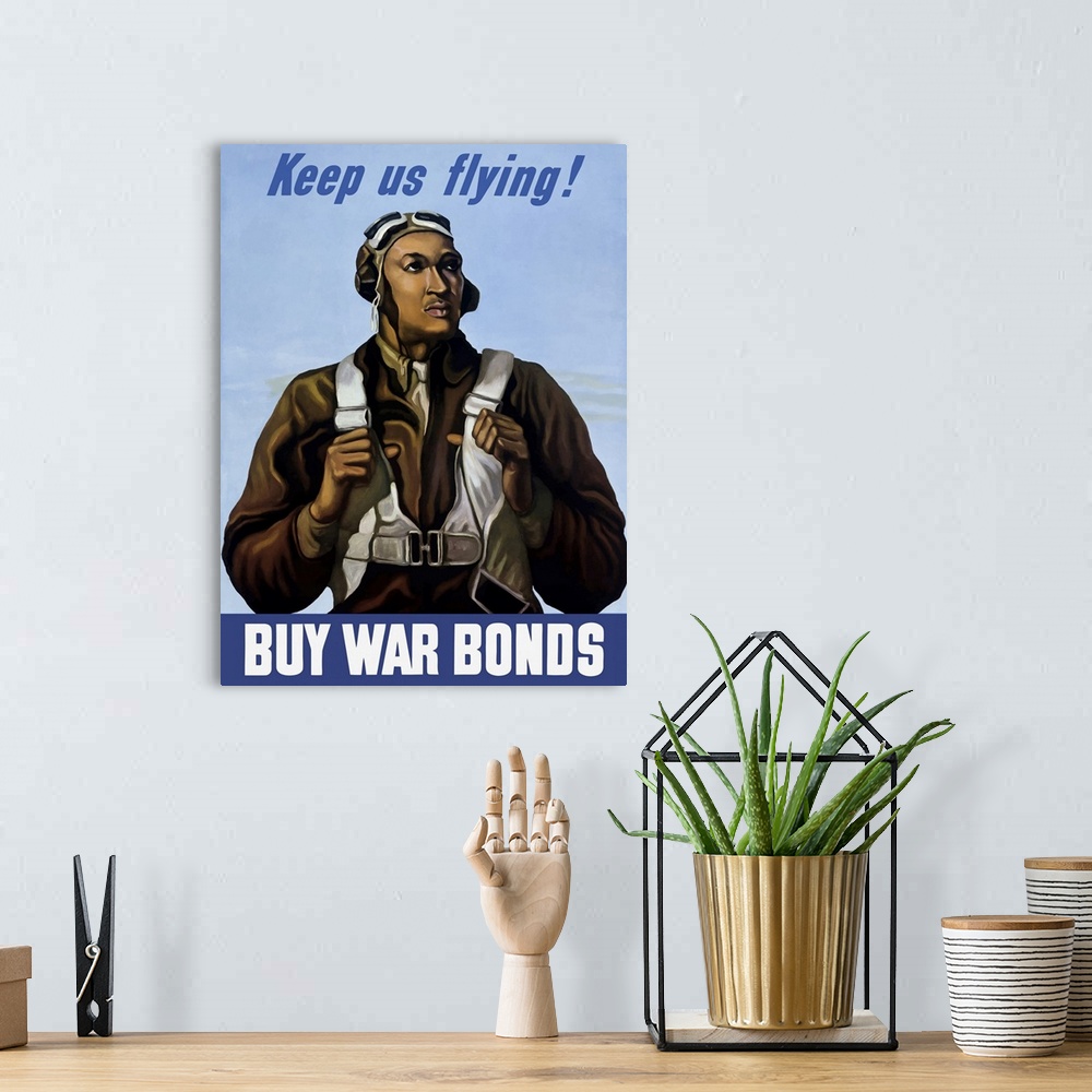 A bohemian room featuring U.S. Military propaganda image of a Tuskegee airman with the caption; Keep Us Flying. Buy War Bon...