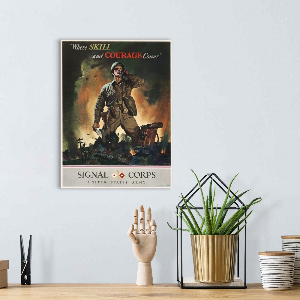 A bohemian room featuring Vintage military recruiting poster showing an American soldier talking on a field telephone.