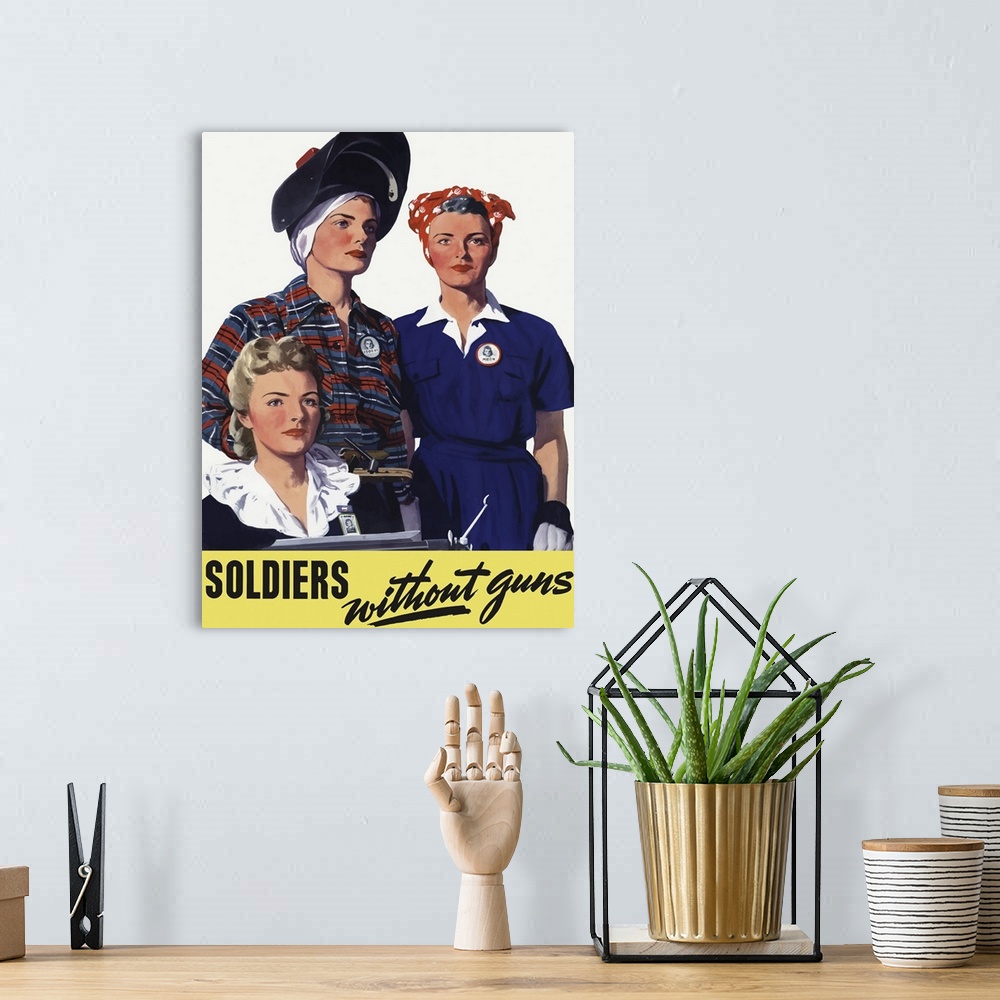 A bohemian room featuring Vintage World War II poster featuring female homeland production workers.