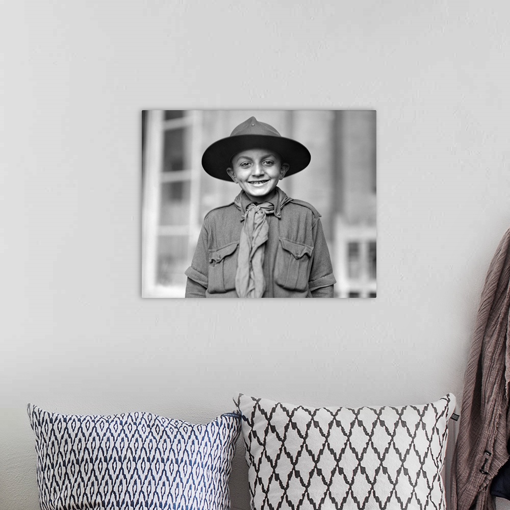 A bohemian room featuring World War I photo of a charter member of the American Red Cross Boy Scout Troop Paris.