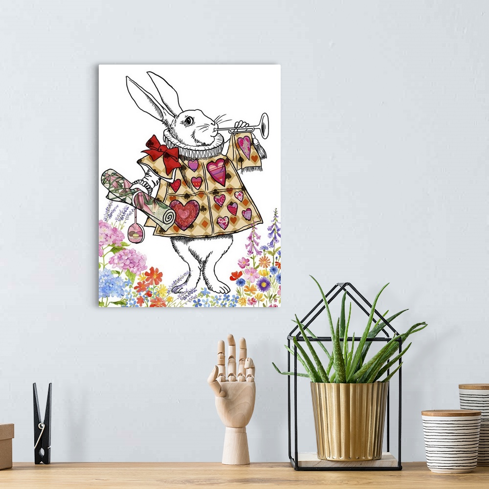 A bohemian room featuring Illustration of the White Rabbit from Alice in Wonderland wearing a red heart shirt and blowing a...