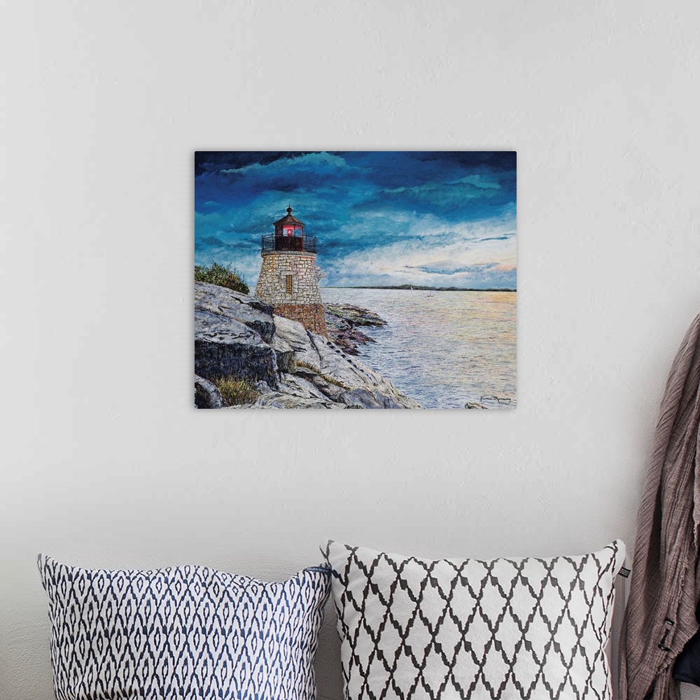 A bohemian room featuring A contemporary landscape painting of a stone lighthouse by a rocky seashore.