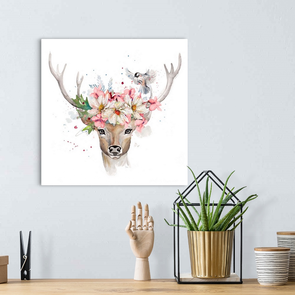 Floral Woodland Deer Wall Art, Canvas Prints, Framed Prints, Wall Peels ...