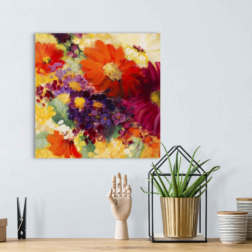 A bohemian room featuring Colorful floral painting of multi colored daisy flowers.