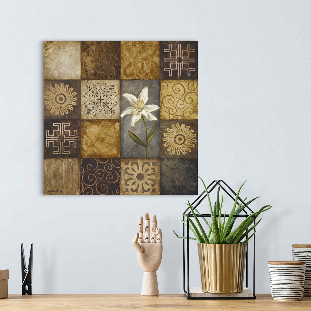 A bohemian room featuring Square painting on canvas of different titles with various patterns and shapes and a colored flow...