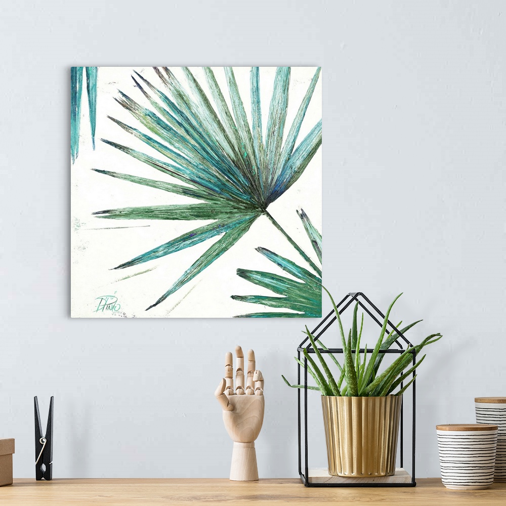 A bohemian room featuring Decorative painting of a large leafy palm frond.