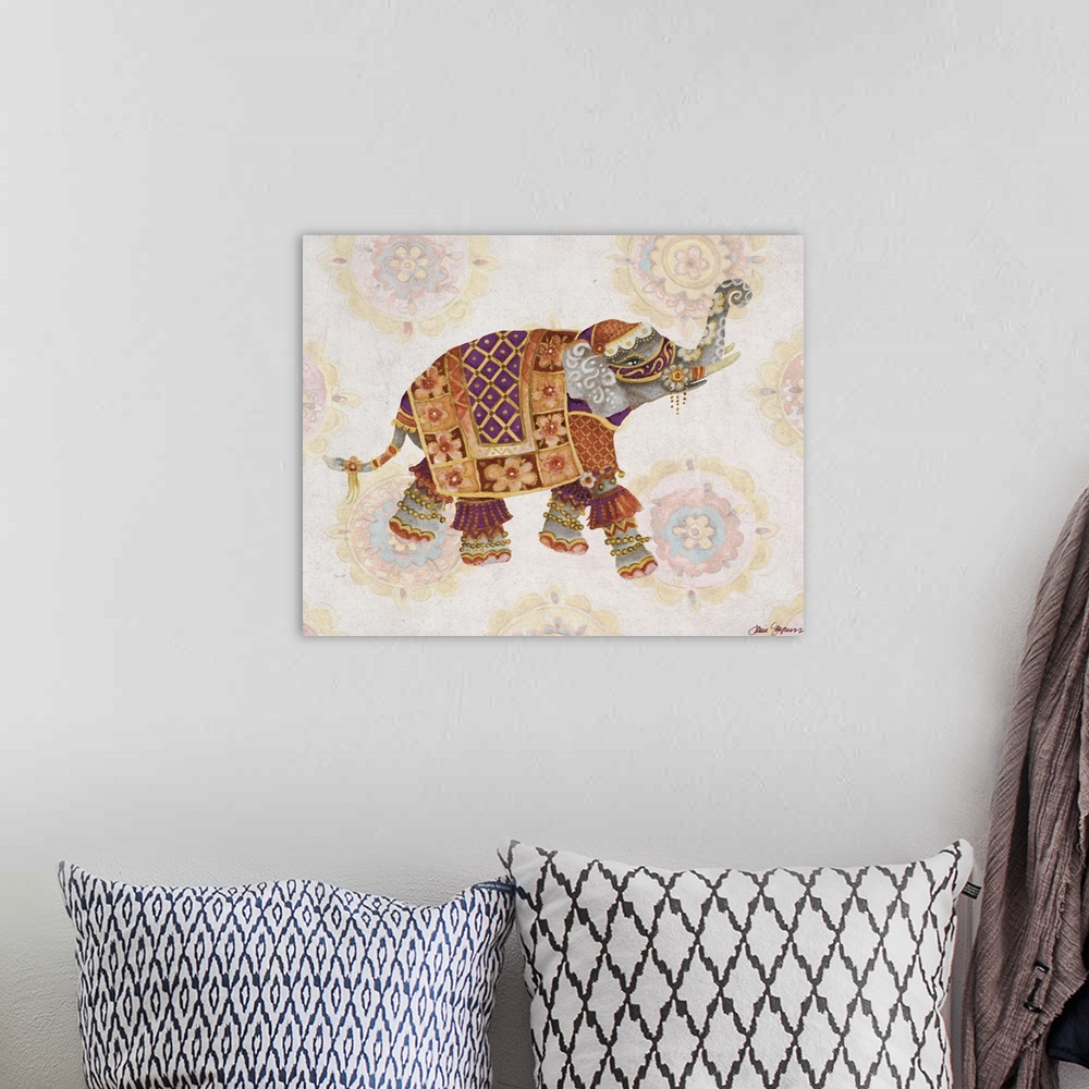 A bohemian room featuring A decorative painting of a festive elephant on a floral medallion background.