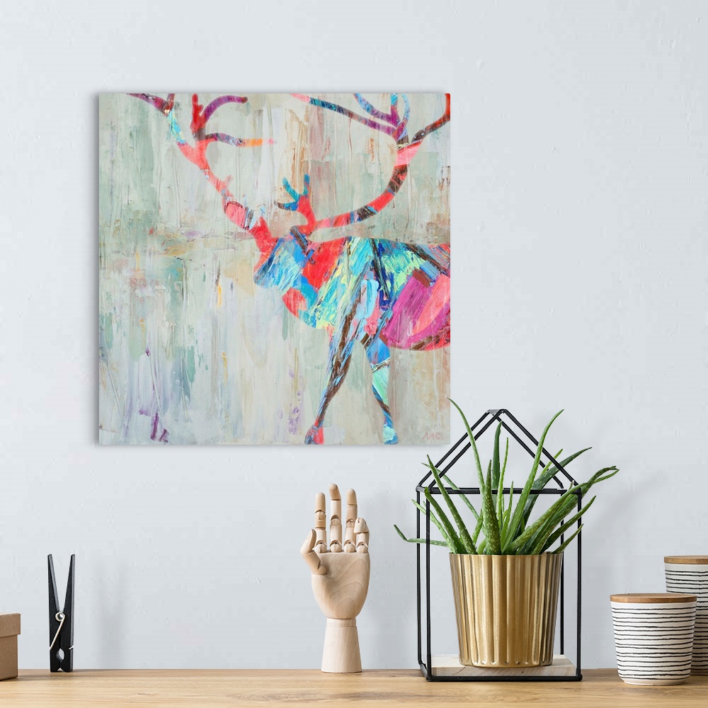 A bohemian room featuring Contemporary painting of a colorful silhouette of a stag with a large rack of antlers.