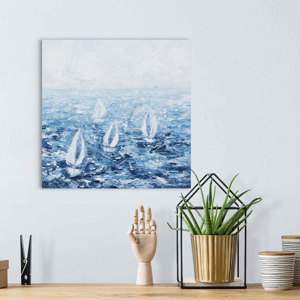A bohemian room featuring A cool toned contemporary abstract painting of four white sail boats on choppy ocean water.