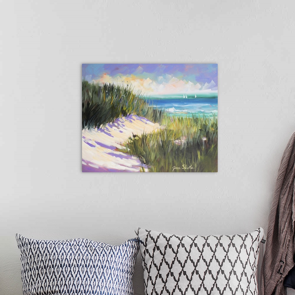 A bohemian room featuring Contemporary painting of beach grasses in the dunes overlooking the ocean.