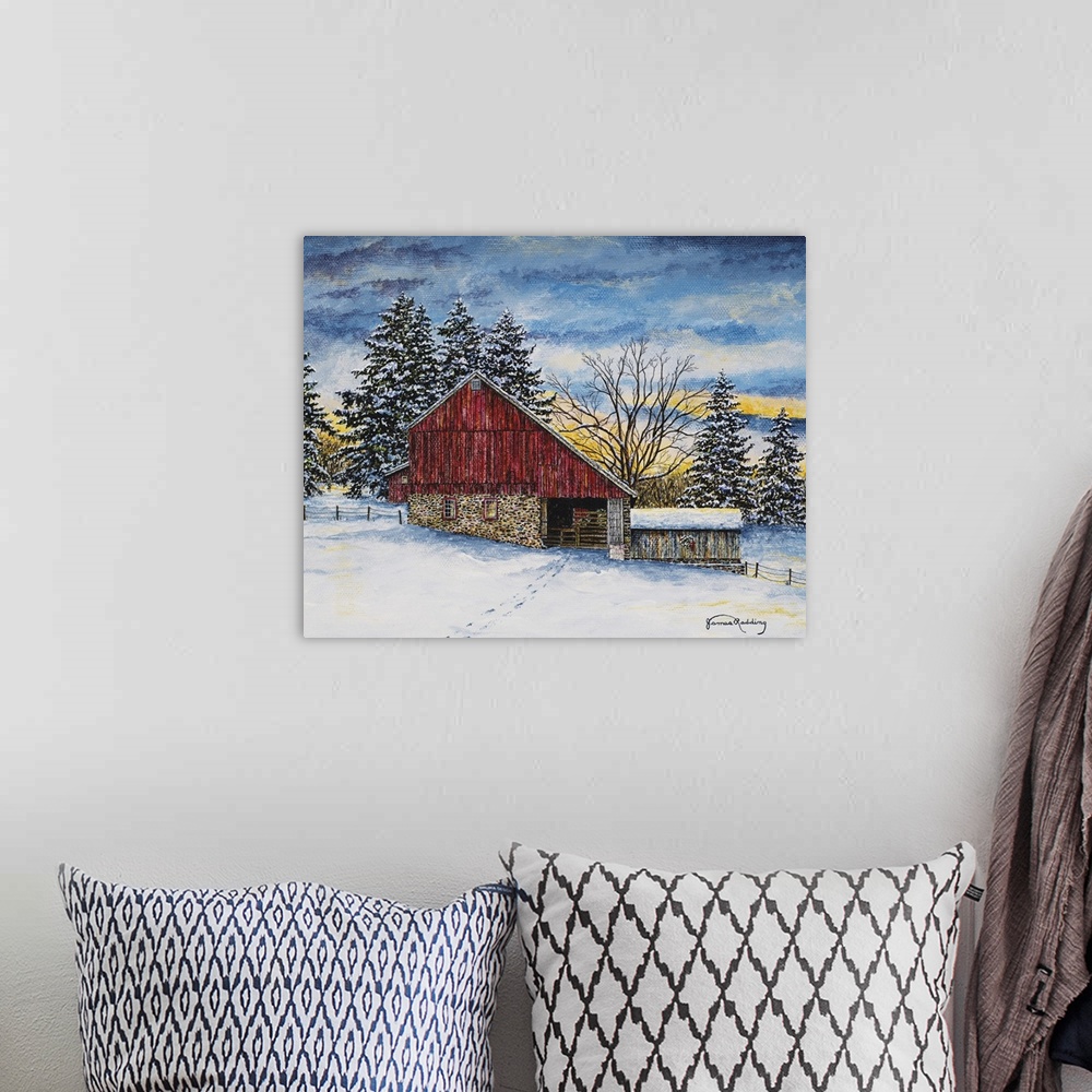 A bohemian room featuring A contemporary snowy winter landscape painting of a red barn.