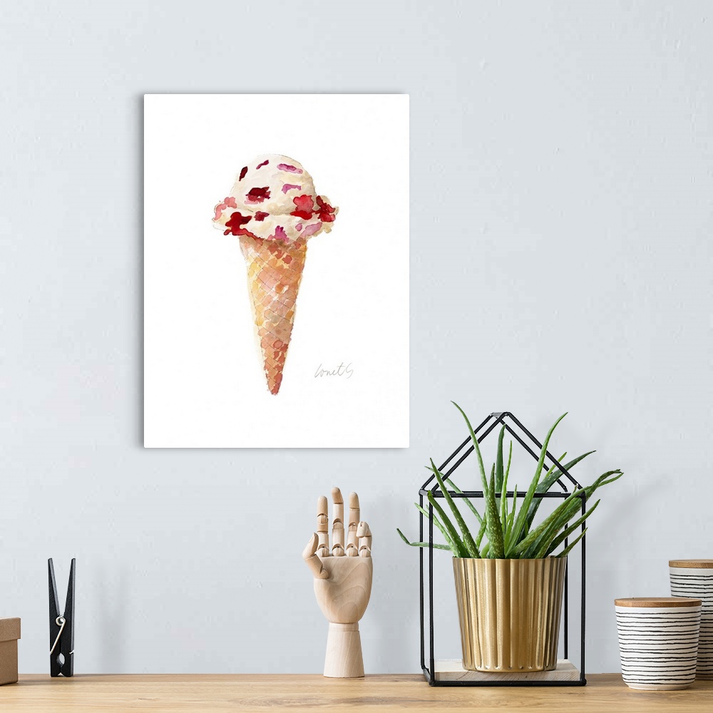 A bohemian room featuring Watercolor painting of an ice cream cone with strawberry chunk ice cream.