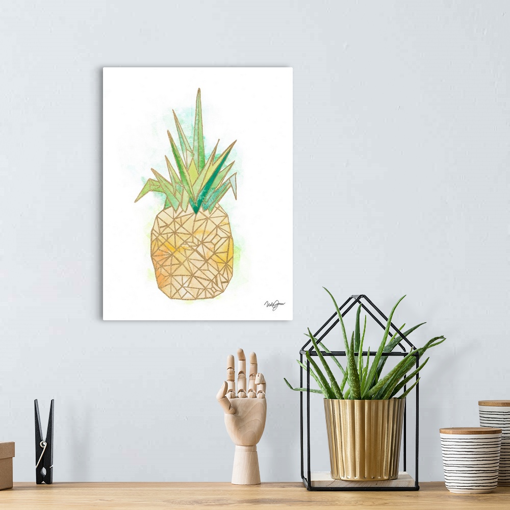 A bohemian room featuring Watercolor painting of a pineapple created with metallic gold geometric shapes on a white backgro...