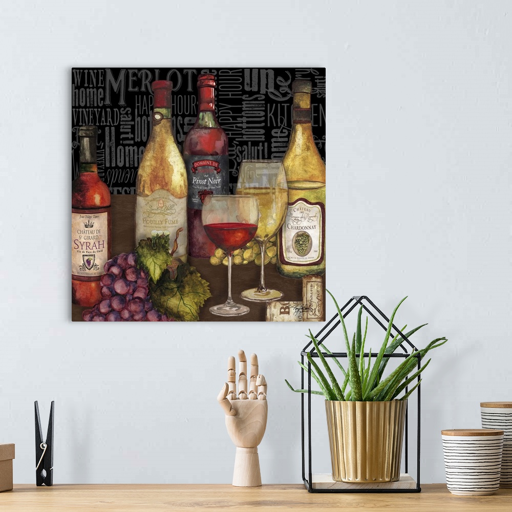 A bohemian room featuring A still life painting of wine bottles, glasses of wine, and grapes with wine associated words pai...