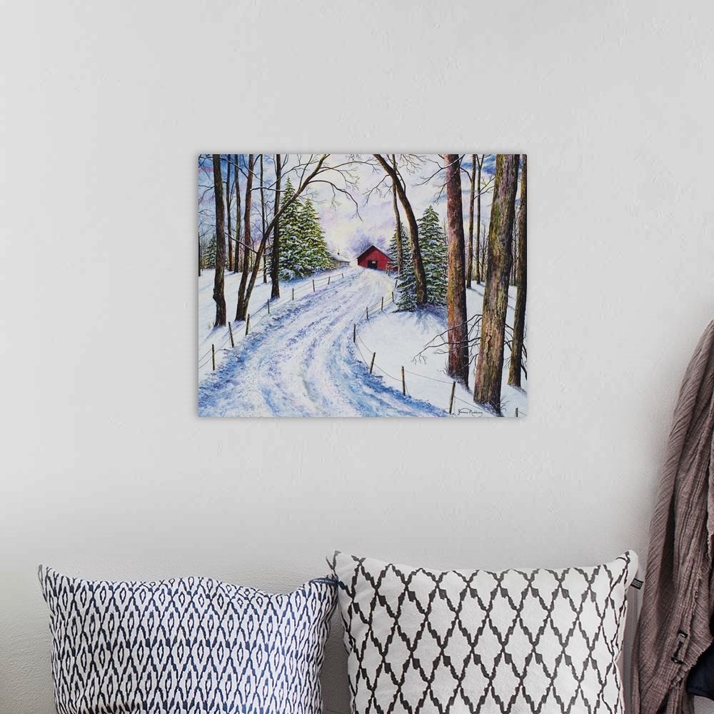 A bohemian room featuring A contemporary painting of a snowy driveway leading to a red barn and surrounded by trees.