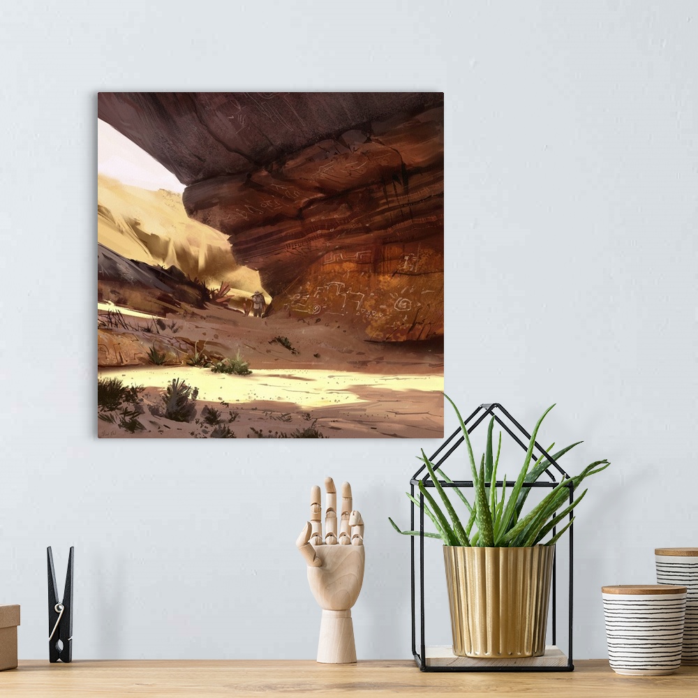 A bohemian room featuring Painting of desert canyon rock wall.