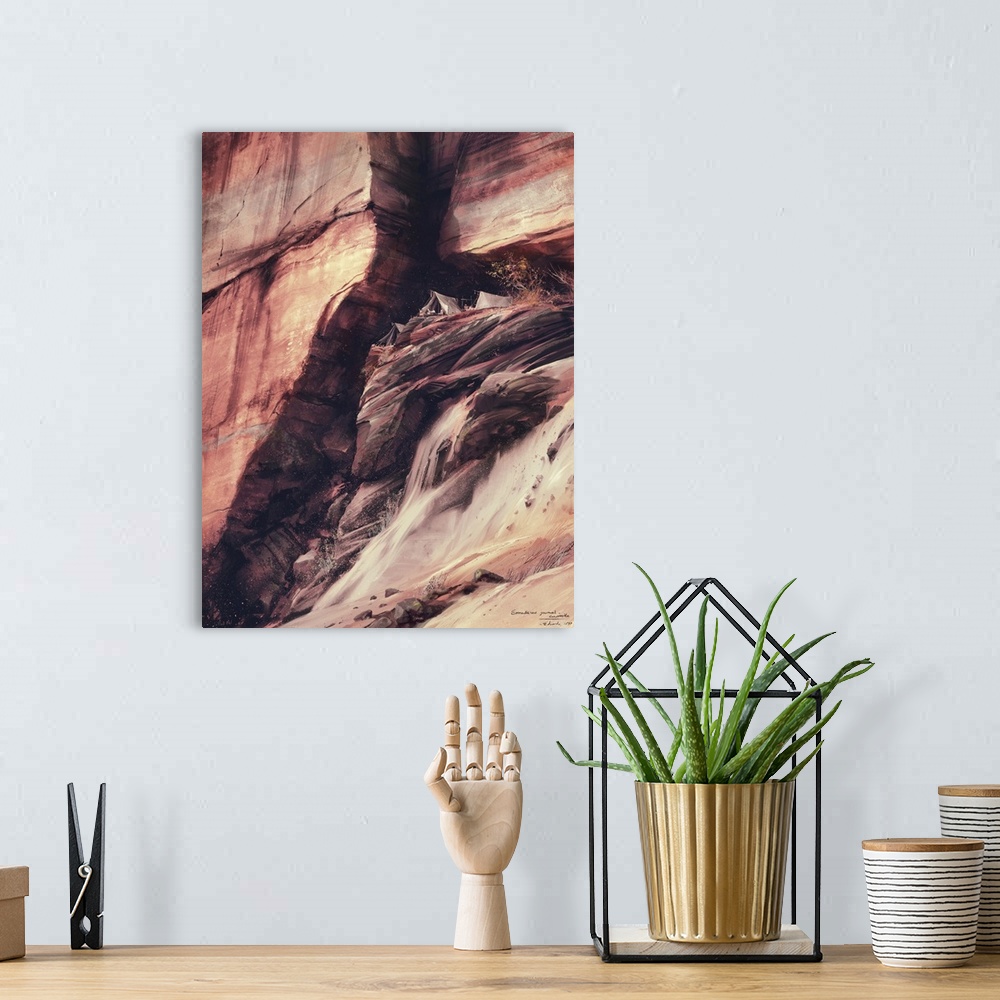 A bohemian room featuring Painting of campsite on a face of a large desert cliff.