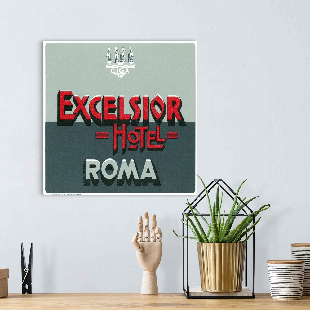 A bohemian room featuring Luggage label from the Excelsior Hotel in Rome, Italy, 20th century.