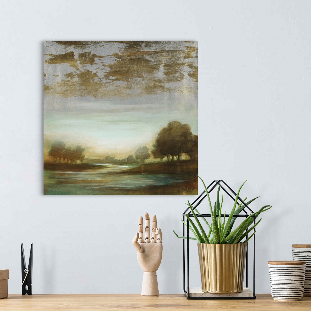 A bohemian room featuring Contemporary painting of an idyllic dark looking landscape with a winding river.