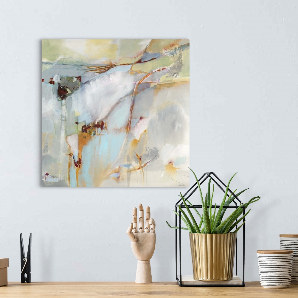A bohemian room featuring Contemporary abstract painting of pale colors using in organic forms.