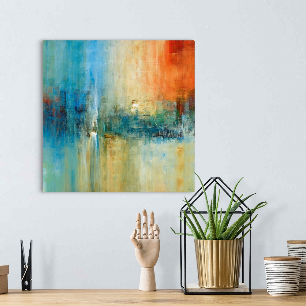 A bohemian room featuring A square abstract painting with strong vertical movement and dramatic use of color. The serene co...