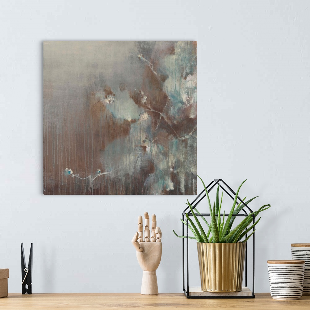 A bohemian room featuring Contemporary abstract painting using pale muted blue tones dripping against a deep brown background.