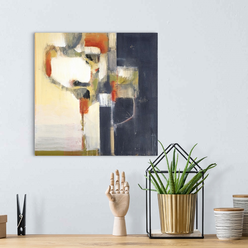 A bohemian room featuring Contemporary abstract painting using muted orange, blue and neutral tones in a retro mid-century ...