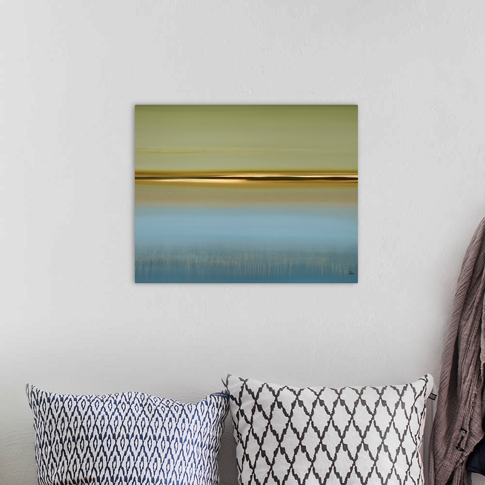 A bohemian room featuring Horizontal, oversized abstract wall hanging of a flat horizon surrounded by calm water and open s...