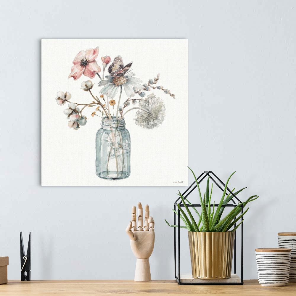 A bohemian room featuring Decorative artwork of watercolor flowers in a mason jar over a white background.