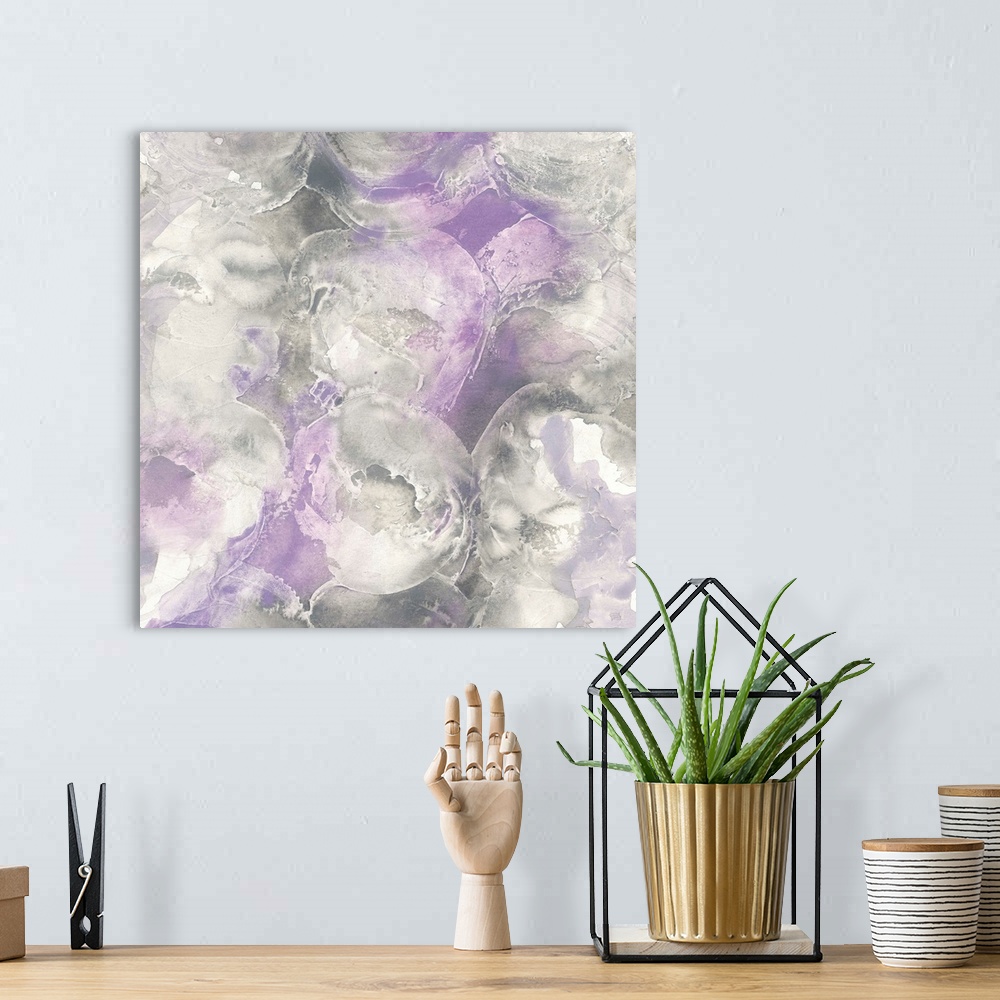 A bohemian room featuring Square abstract painting of textured swirls of grey and purple.