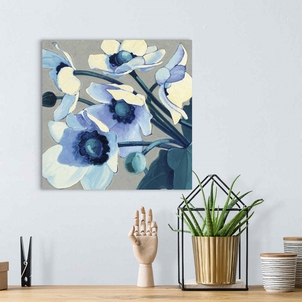 A bohemian room featuring Contemporary painting of garden flowers in blue tones against a neutral background.