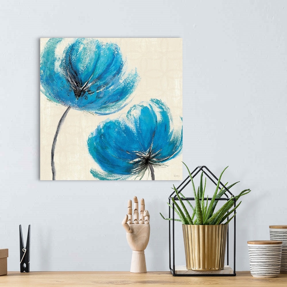 A bohemian room featuring Large contemporary art focuses on two lone flowers constructed of bright cool tones positioned ag...