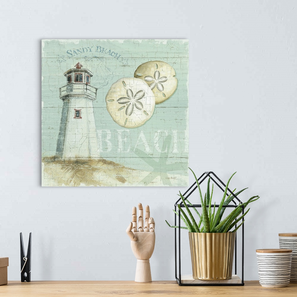 A bohemian room featuring Square shaped docor for the home this decorative accent shows a lighthouse and two floating sand ...