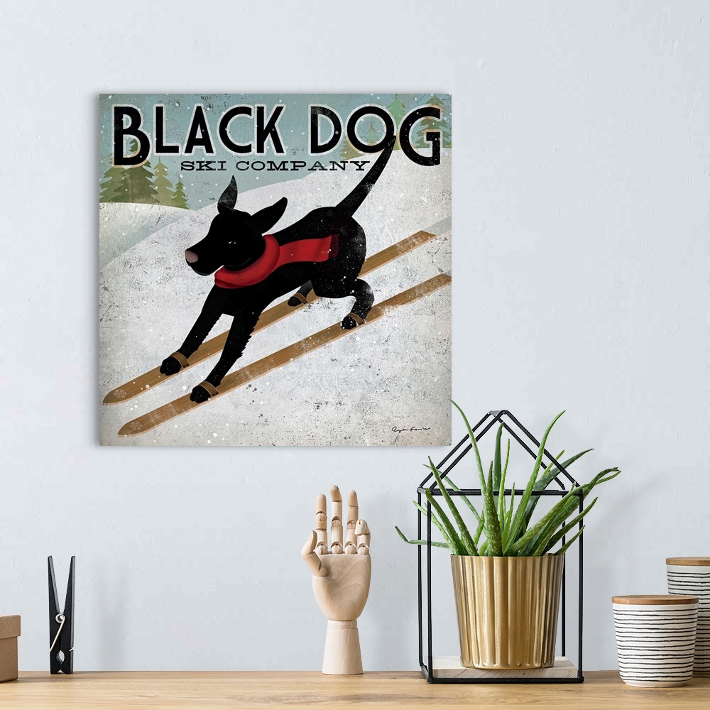 A bohemian room featuring Giant square canvas art displays an advertisement for Black Dog Ski Company.  In the ad, a dog we...
