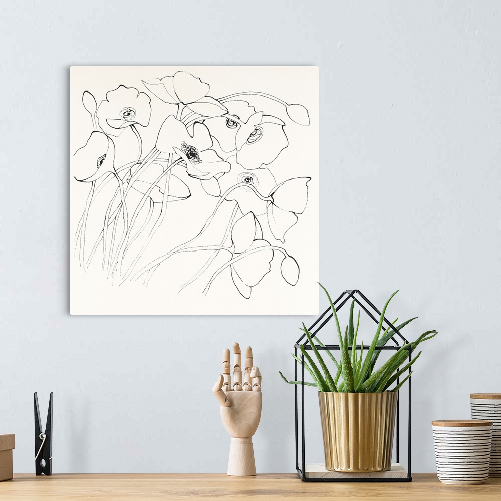 A bohemian room featuring Contemporary illustrative artwork of outlined flowers against a cream toned background.
