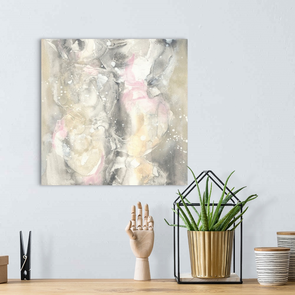 A bohemian room featuring Square abstract painting of textured muted colors with white splatters overlapping and pink accents.
