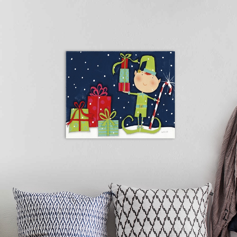 A bohemian room featuring Bright Christmas Candy Cane Elf Blue