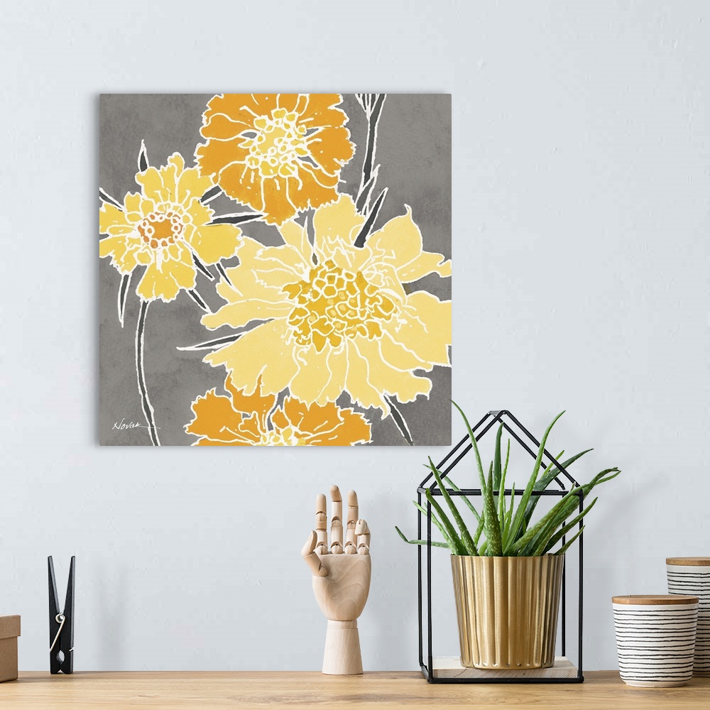 A bohemian room featuring Contemporary painting of bright orange and yellow flowers against a gray background.