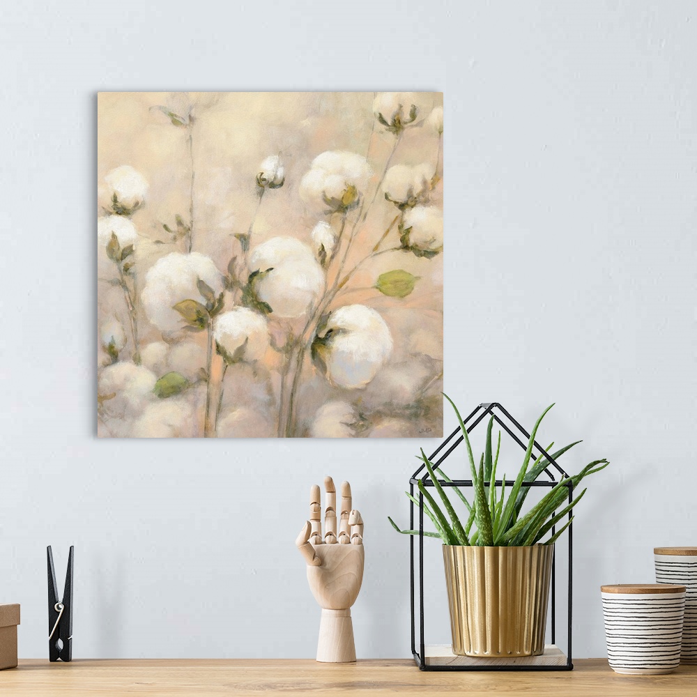 A bohemian room featuring Square painting of wild cotton with a warm background.