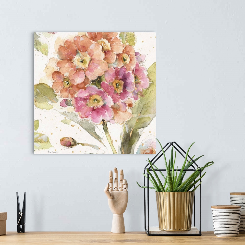 A bohemian room featuring Floral square watercolor painting with metallic gold highlights on a white background with gold p...